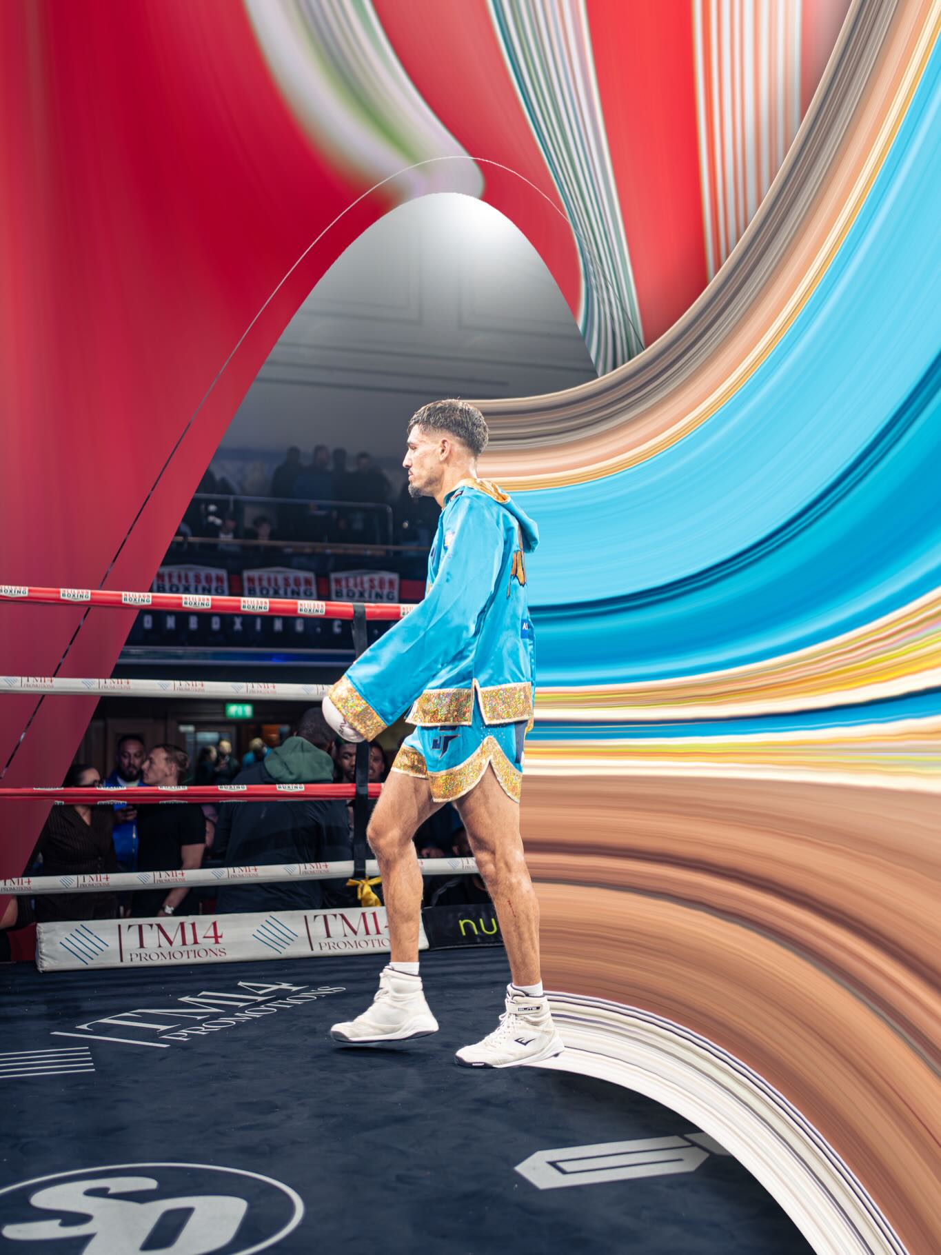 Boxer in the ring with a colourful pixel-stretch art effect